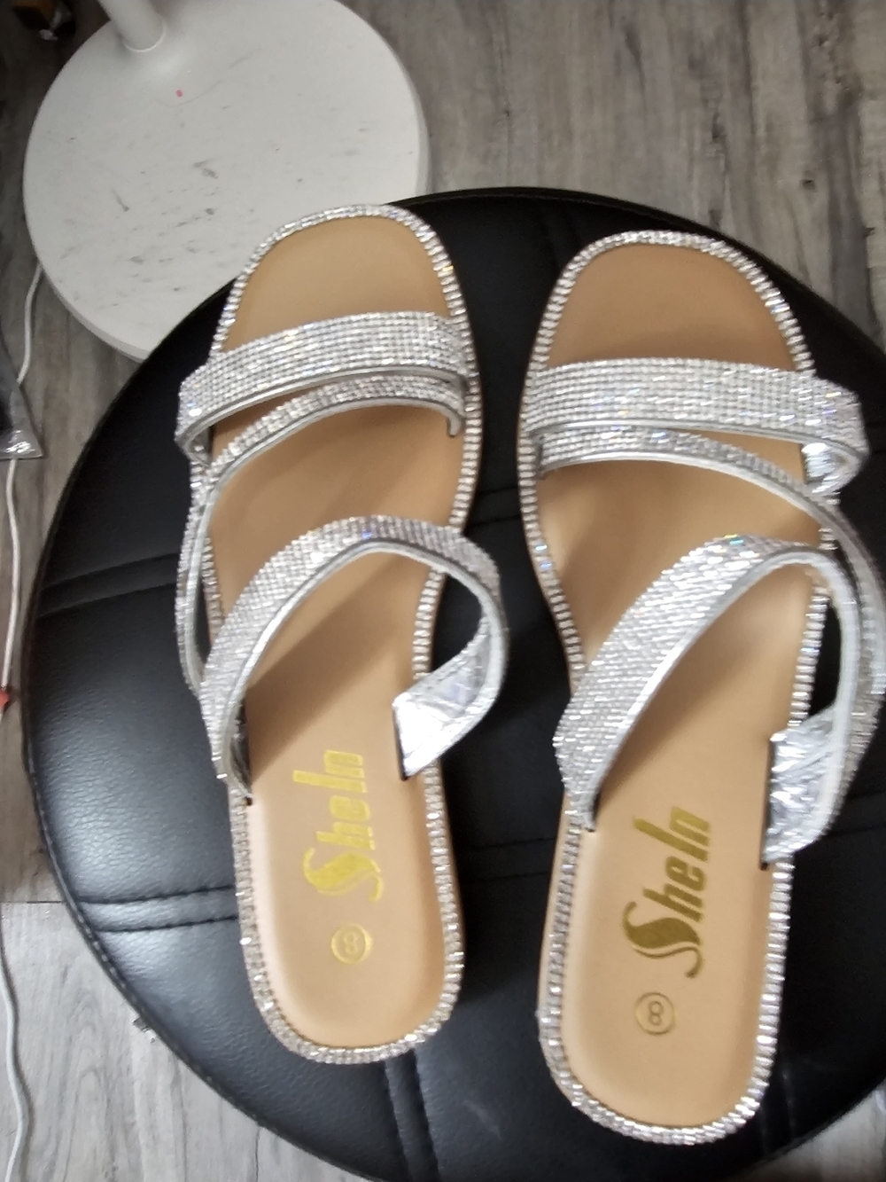 SHEIN Silver Rhinestone Multi-Strap Slide Sandals